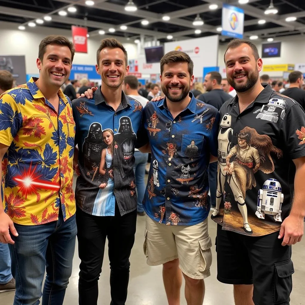 Group of friends wearing Star Wars Hawaiian shirts at a convention