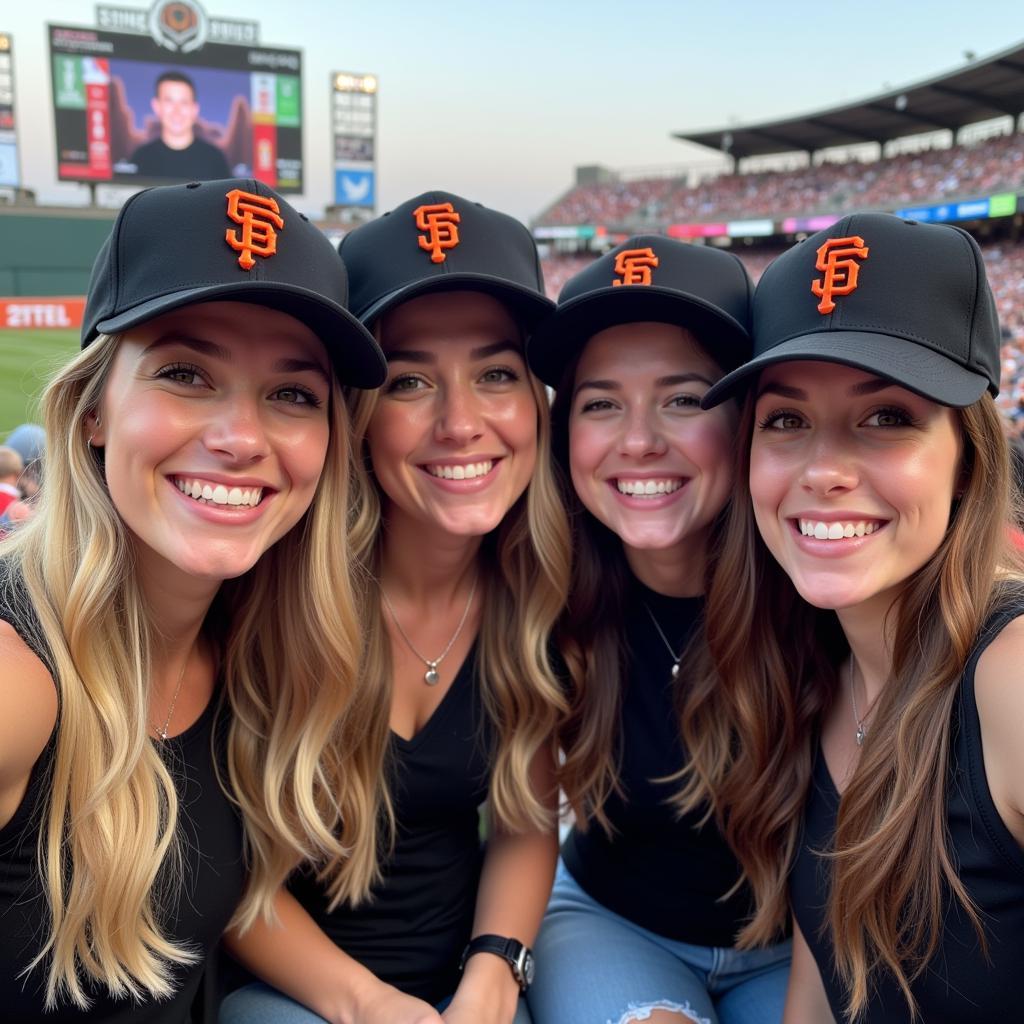 Friends sporting upside down SF Giants hats at a game