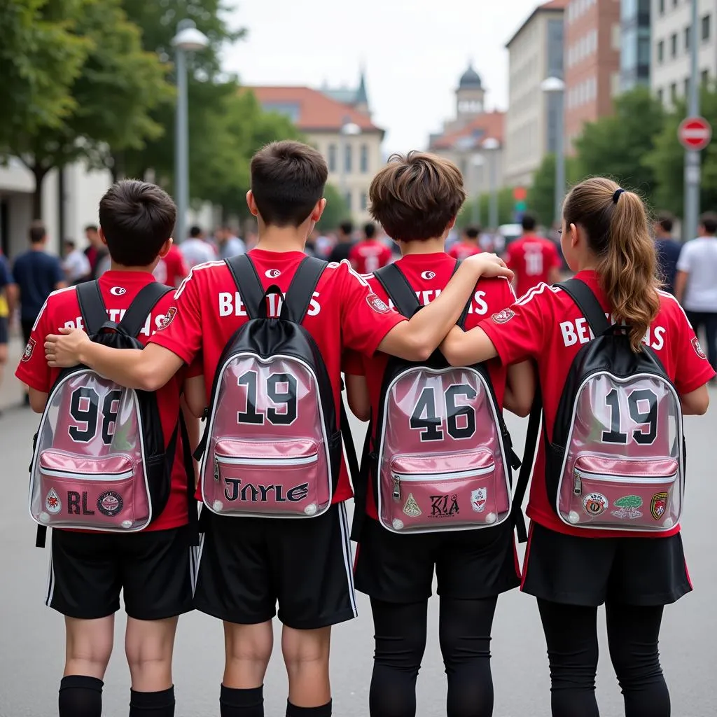 A group of friends posing with their personalized Besiktas clear backpacks