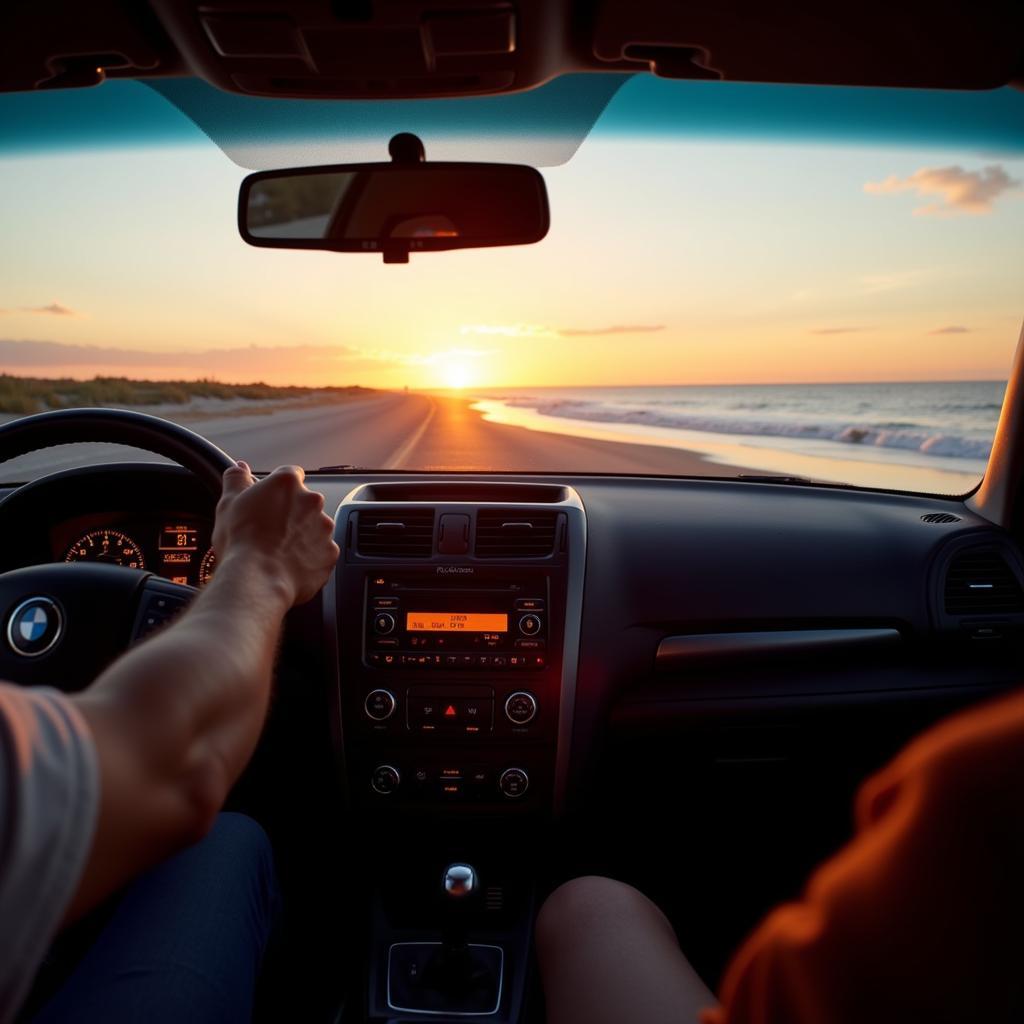 Car Driving Along the Gulf Shores Coastline with Radio On