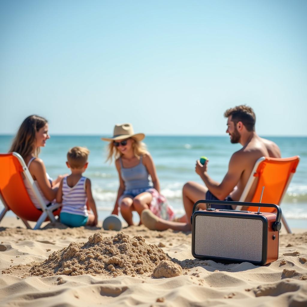 Family Relaxing on Gulf Shores Beach Listening to Radio