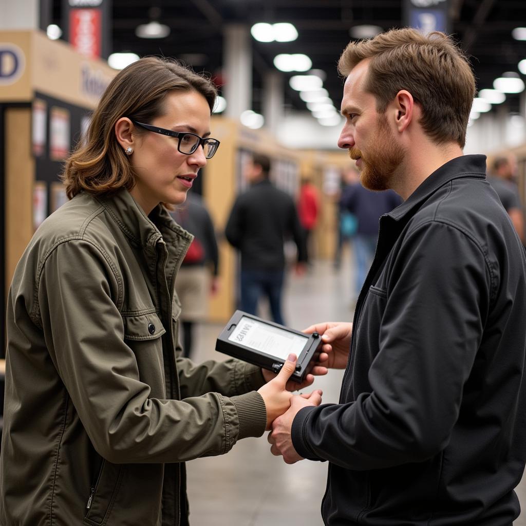 Gun Show Attendees Discussing Firearms with Vendor