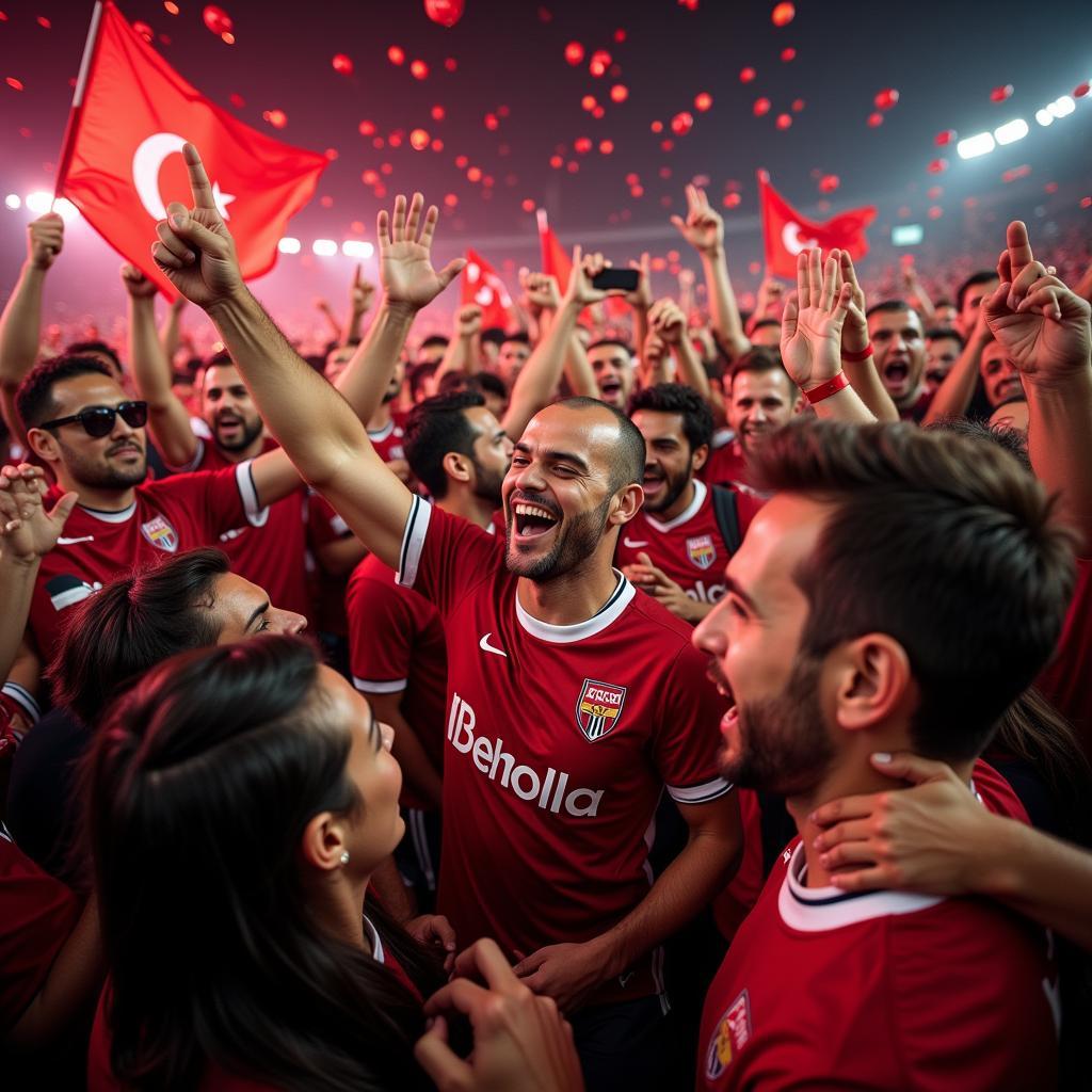 Guy Wheeler celebrating a triumphant victory with jubilant Besiktas fans