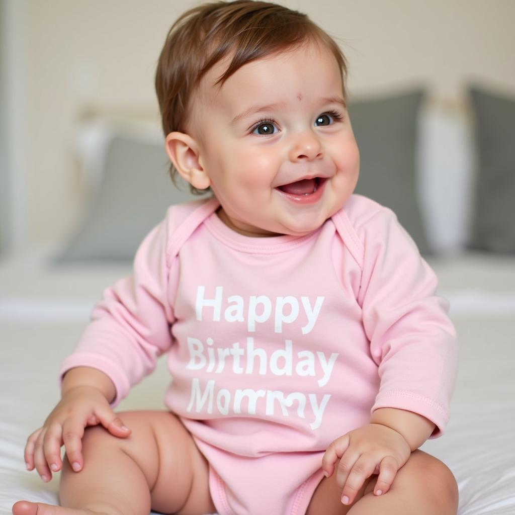 Baby Girl Wearing a "Happy Birthday Mommy" Onesie