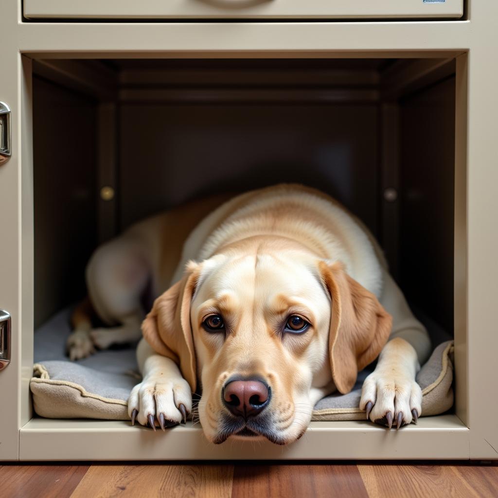 A happy dog resting in a cam locker dog box