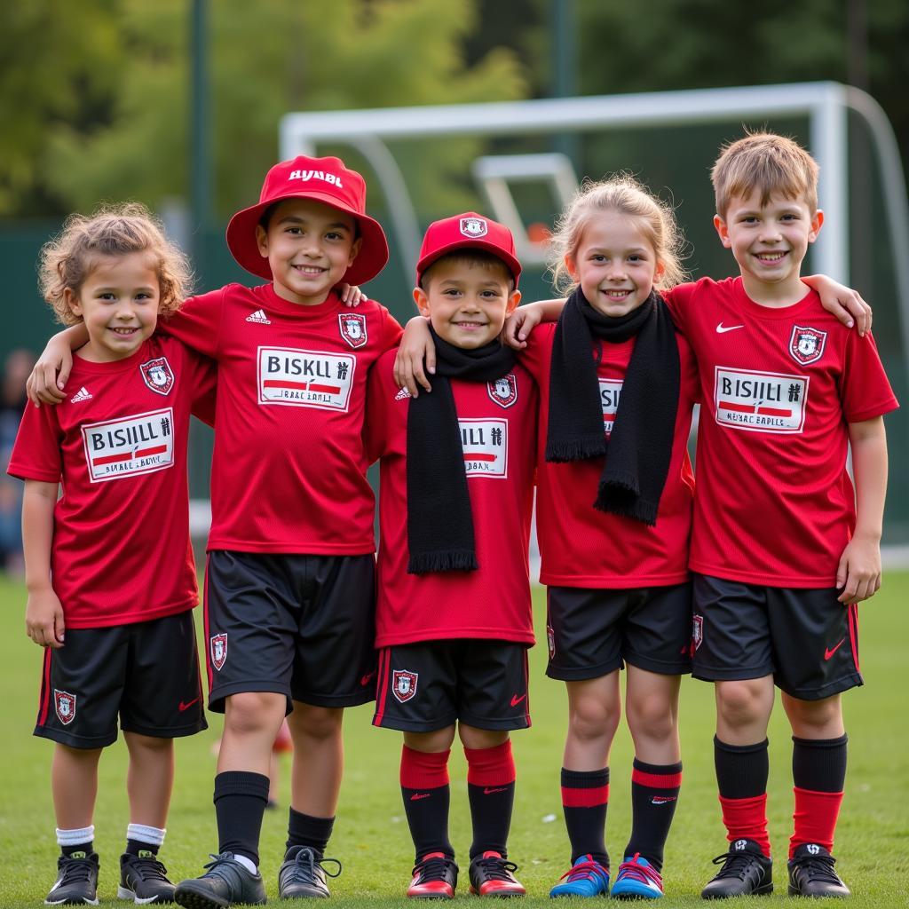 Group of kids smiling and wearing Besiktas gear.