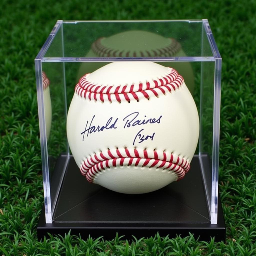 Harold Baines autographed baseball in a display case