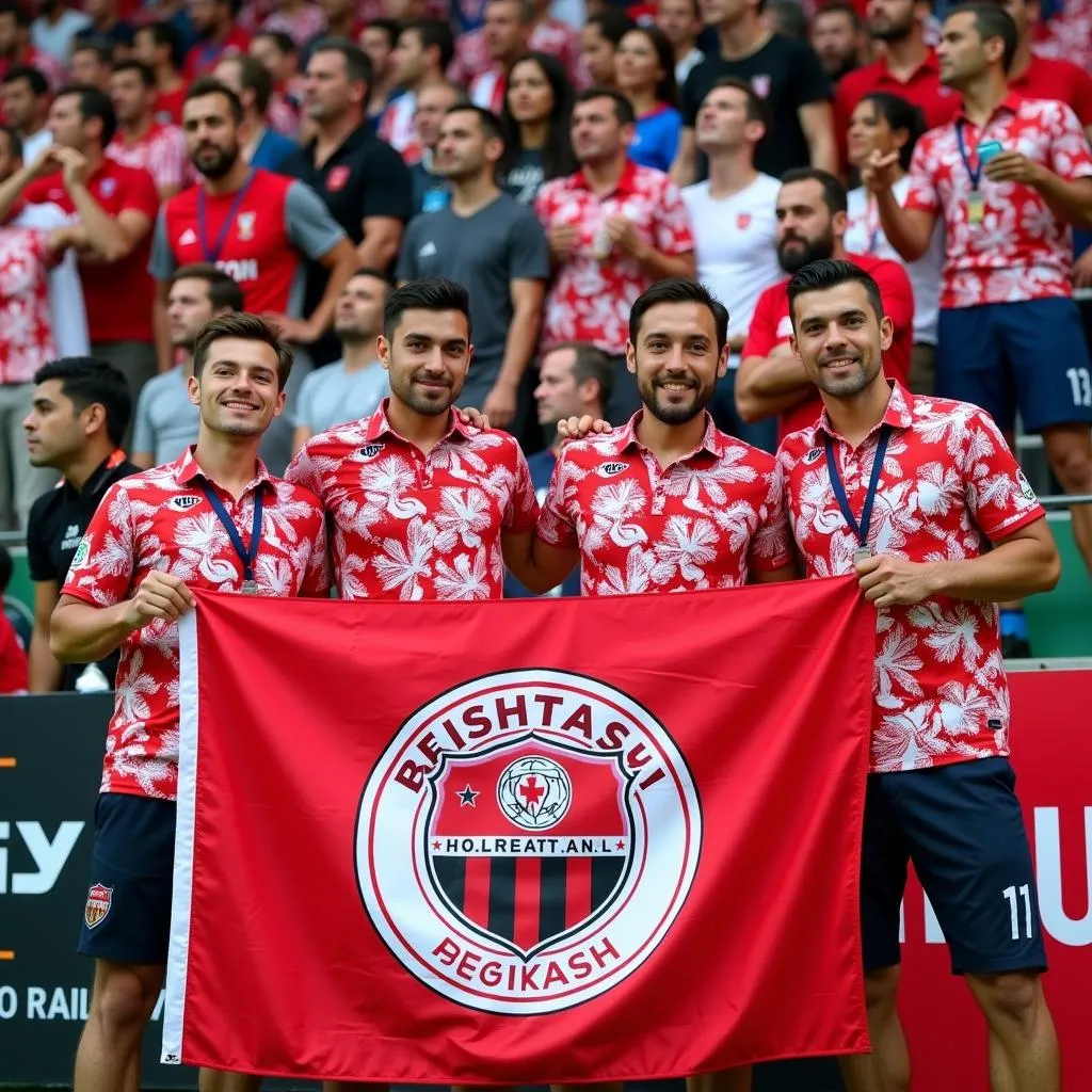 A group of Beşiktaş fans in Hawaiian shirts waving a Beşiktaş flag at an away game in Europe