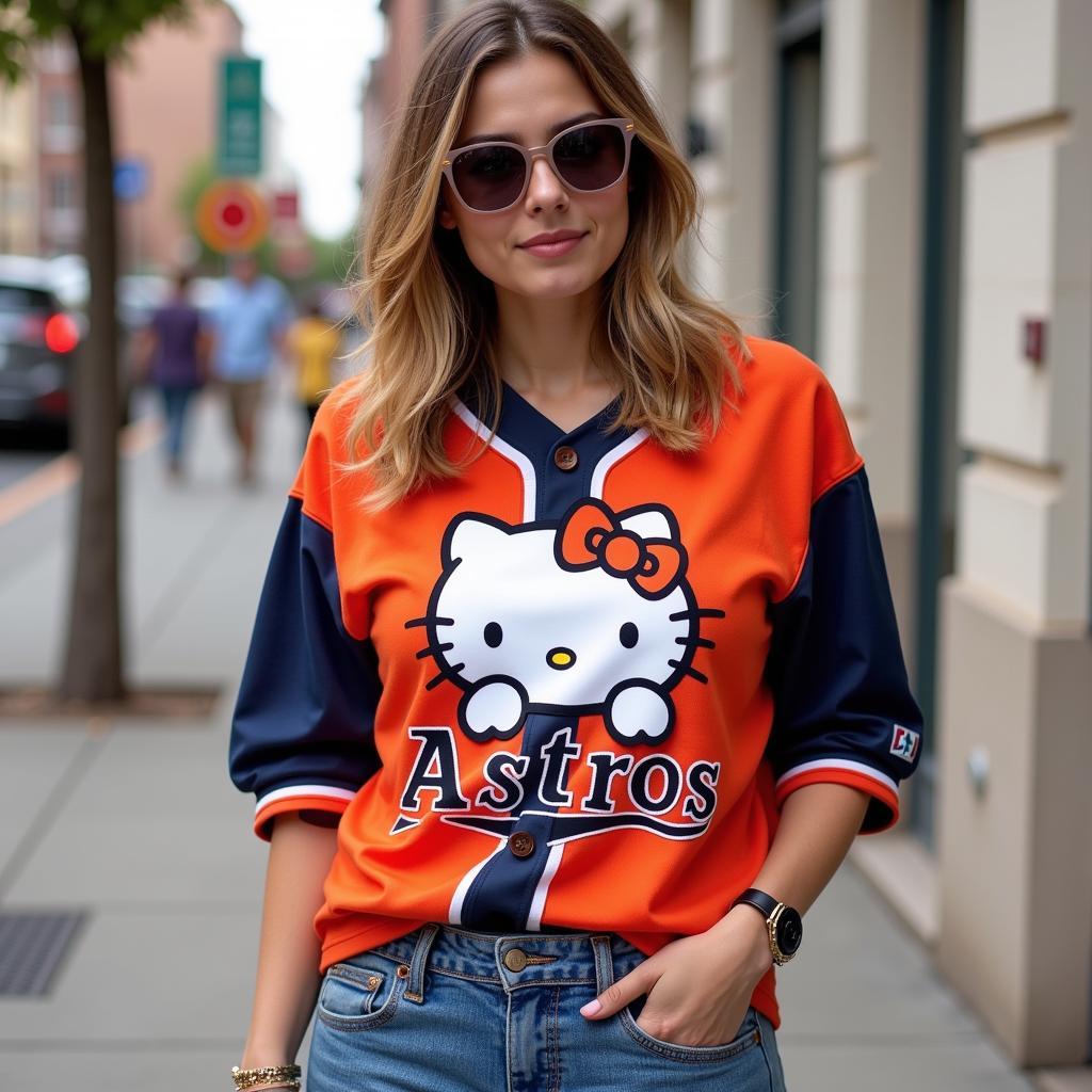 Fashionable Fan Wearing Hello Kitty Astros Jersey