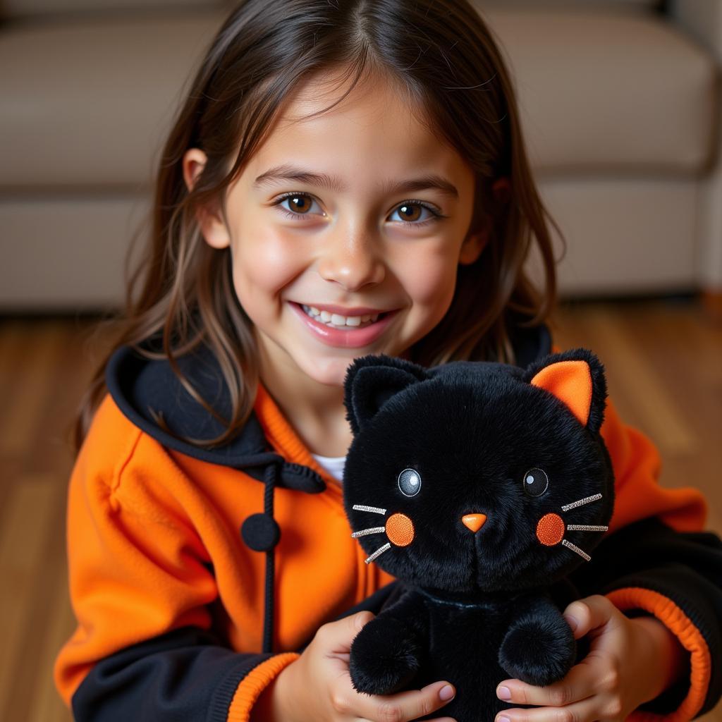 Smiling child holding Hello Kitty Black Cat Plush