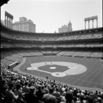 A black and white photo of a bustling Chicago ballpark in the early 1900s.