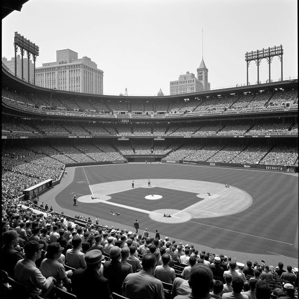 A black and white photo of a bustling Chicago ballpark in the early 1900s.