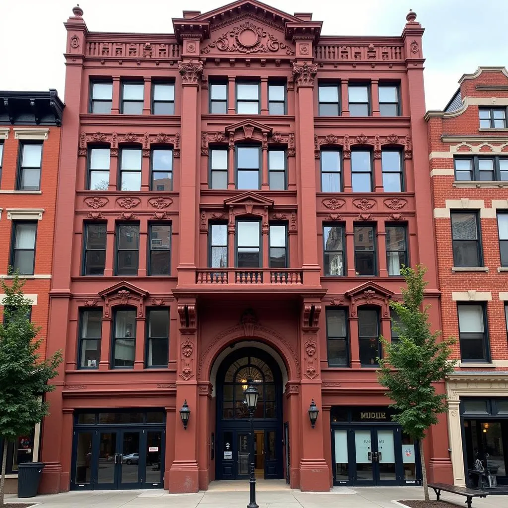 A red brick building with ornate details, typical of Chicago's historical architecture