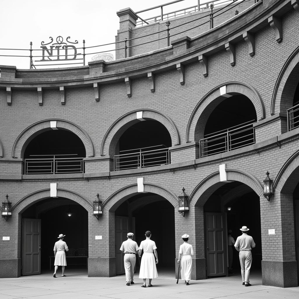 Black and white photo of a historic MLB ballpark exterior