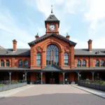 Exterior view of a former railway station with classic architecture