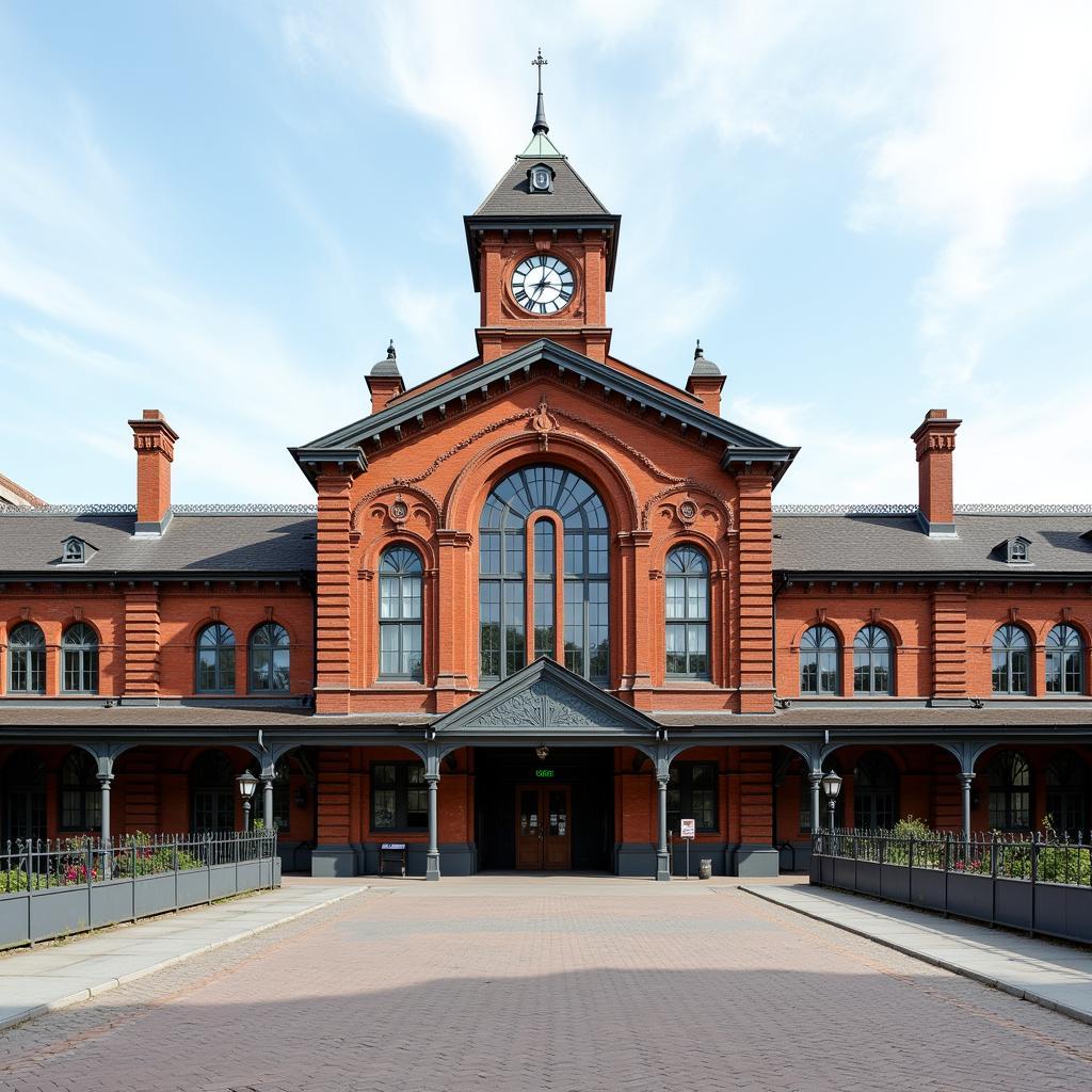 Exterior view of a former railway station with classic architecture