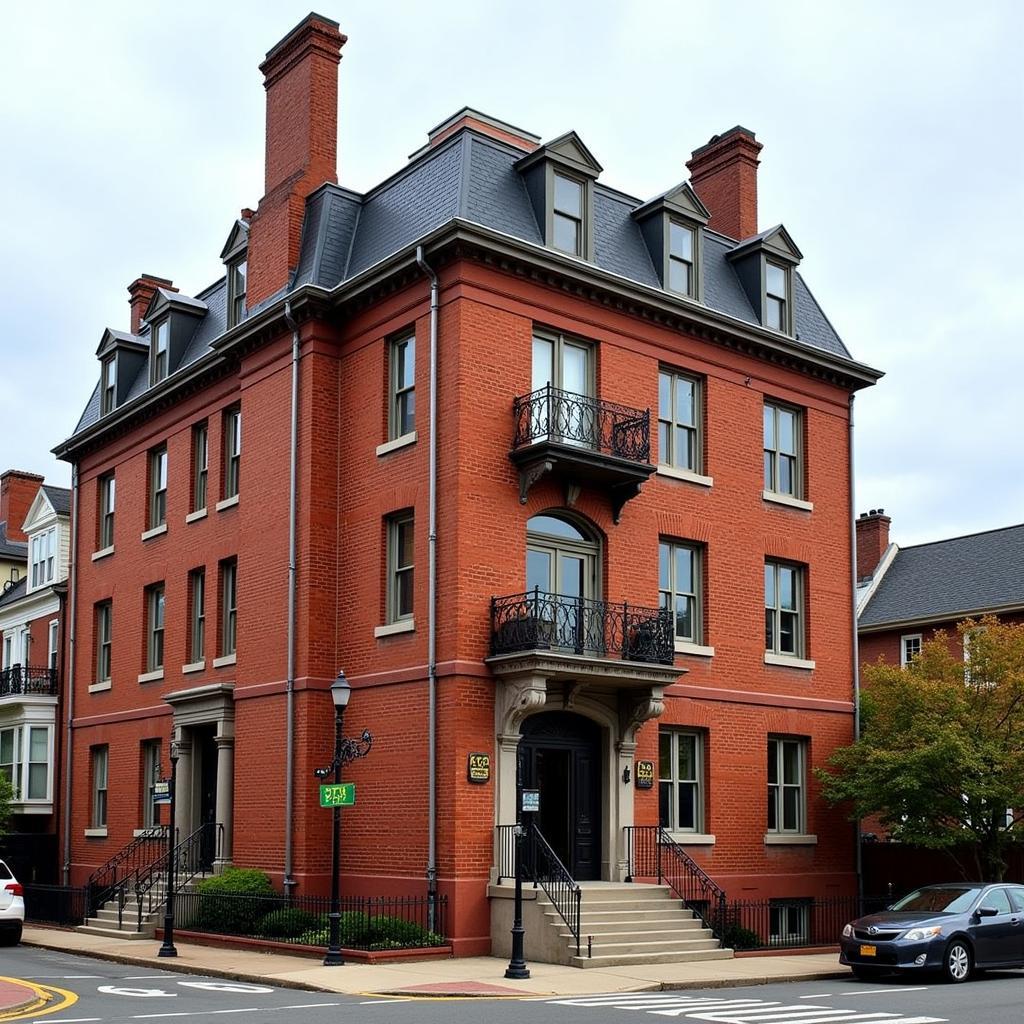 A grand old brick building with ornate architectural details, set against a backdrop of a bustling Baltimore street.