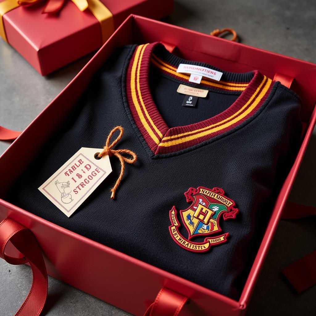 A Hogwarts uniform sweater beautifully wrapped as a gift