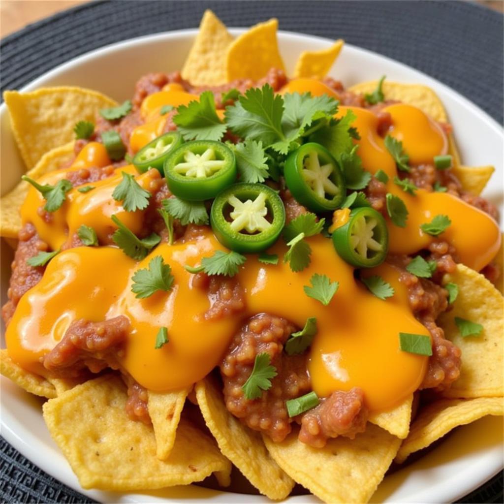 A platter piled high with Hot Cheeto Nachos, complete with melted cheese, jalapenos, and a sprinkle of cilantro.