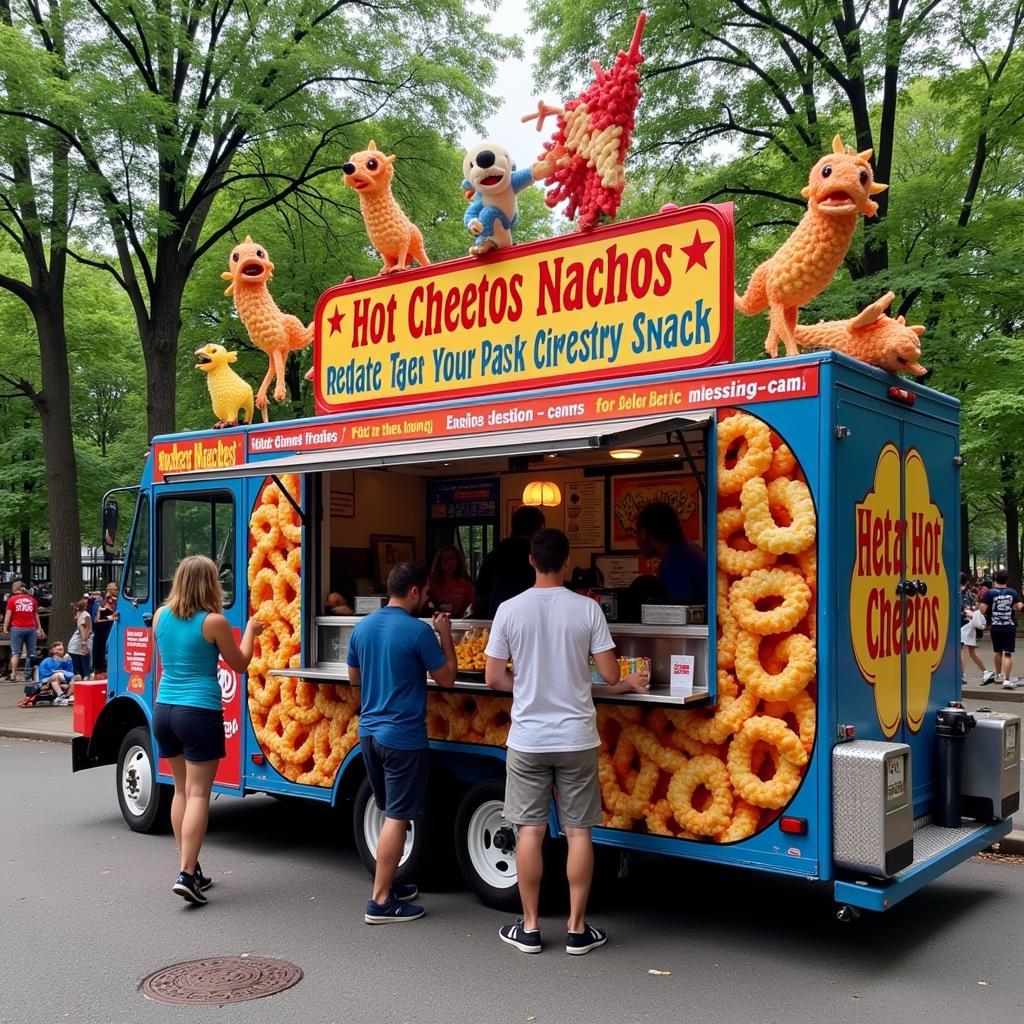 A food truck with a sign advertising Hot Cheetos Nachos, parked near a park.