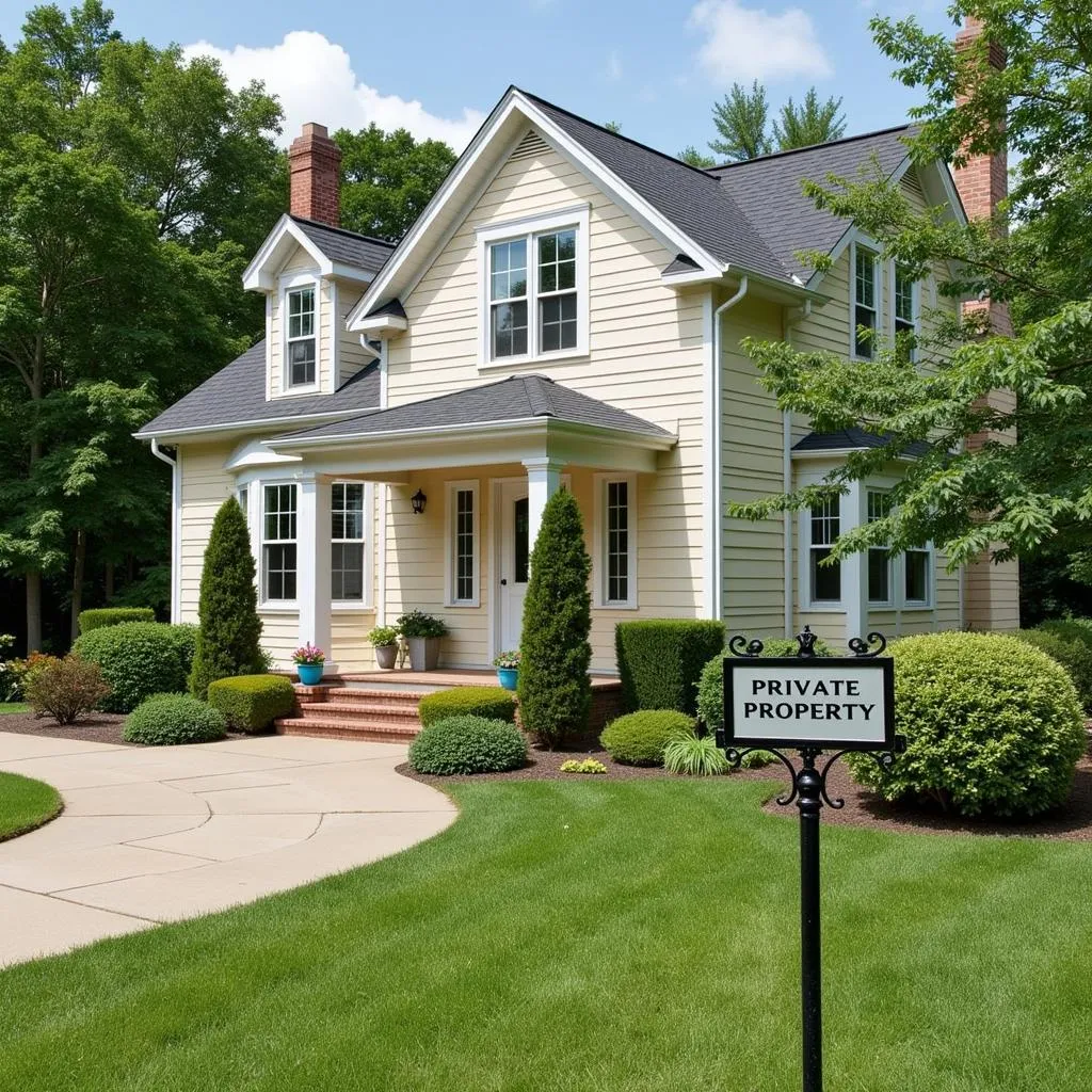  A well-maintained house with a visible private property metal sign in the yard 