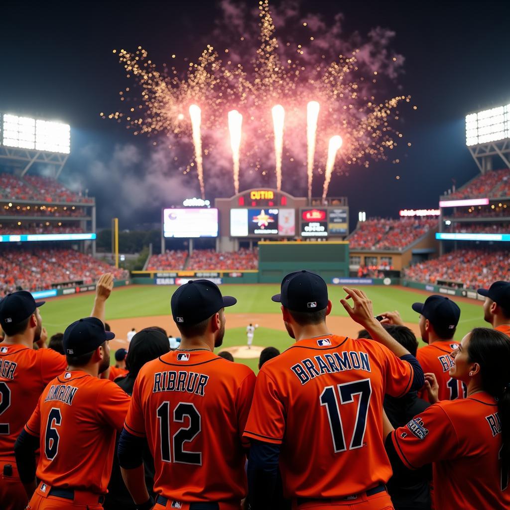 Houston Astros celebrating a victory at Minute Maid Park