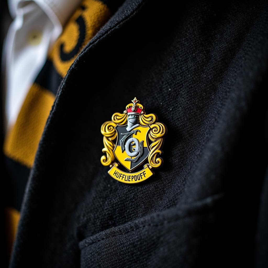 Hufflepuff pin on a Besiktas scarf close up.