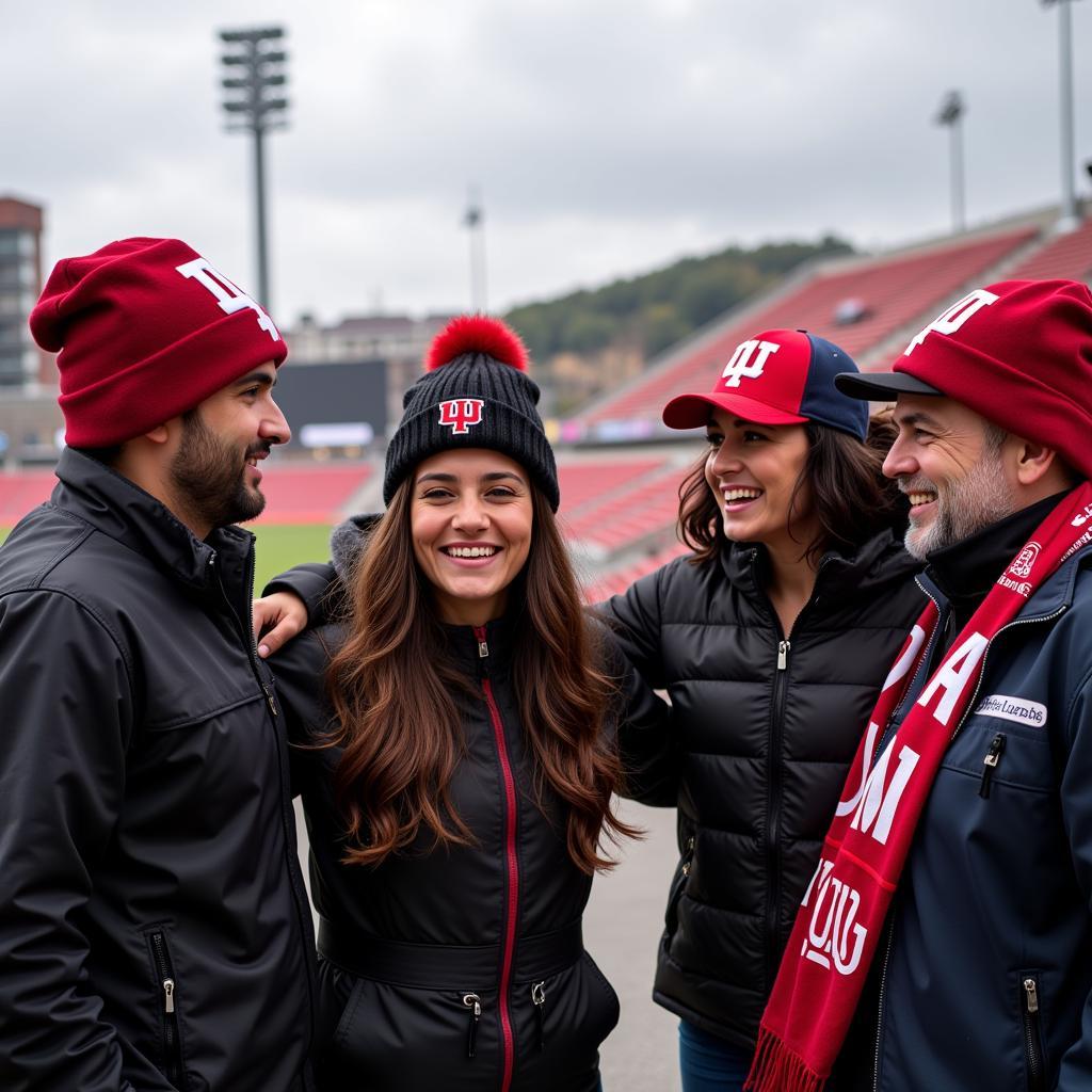 Group of Besiktas fans wearing Indiana hats outside the stadium