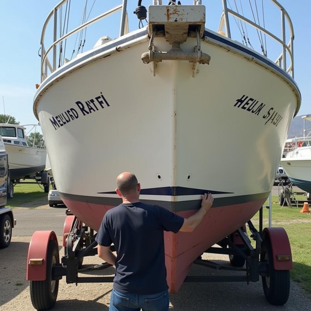 Inspecting the Hull of a Pre-Owned Hells Bay Skiff