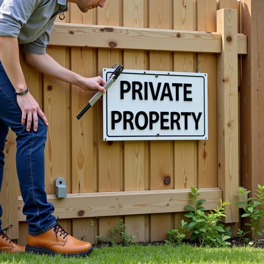 A person installing a private property metal sign on a fence post