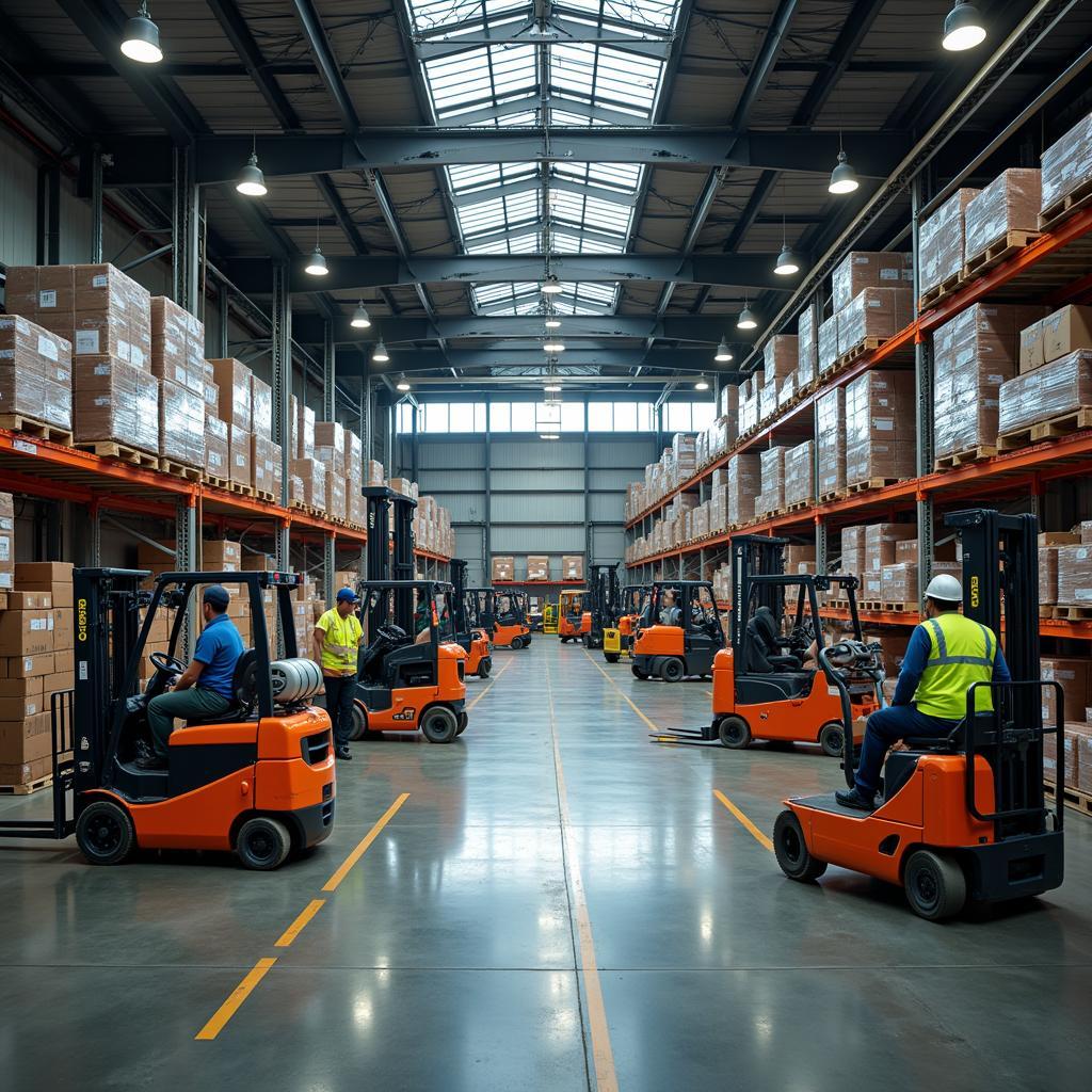 A bustling scene inside a modern railroad warehouse