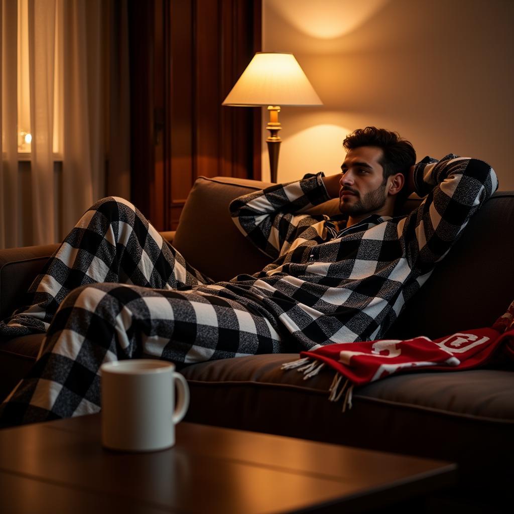 Beşiktaş fan relaxing in Irish flannel pajamas