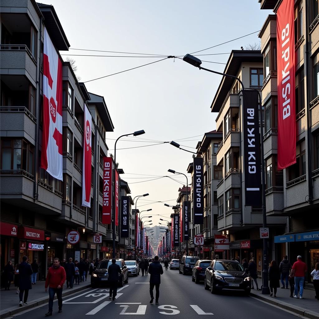 Streets of Istanbul adorned with Besiktas flags and banners before a big match