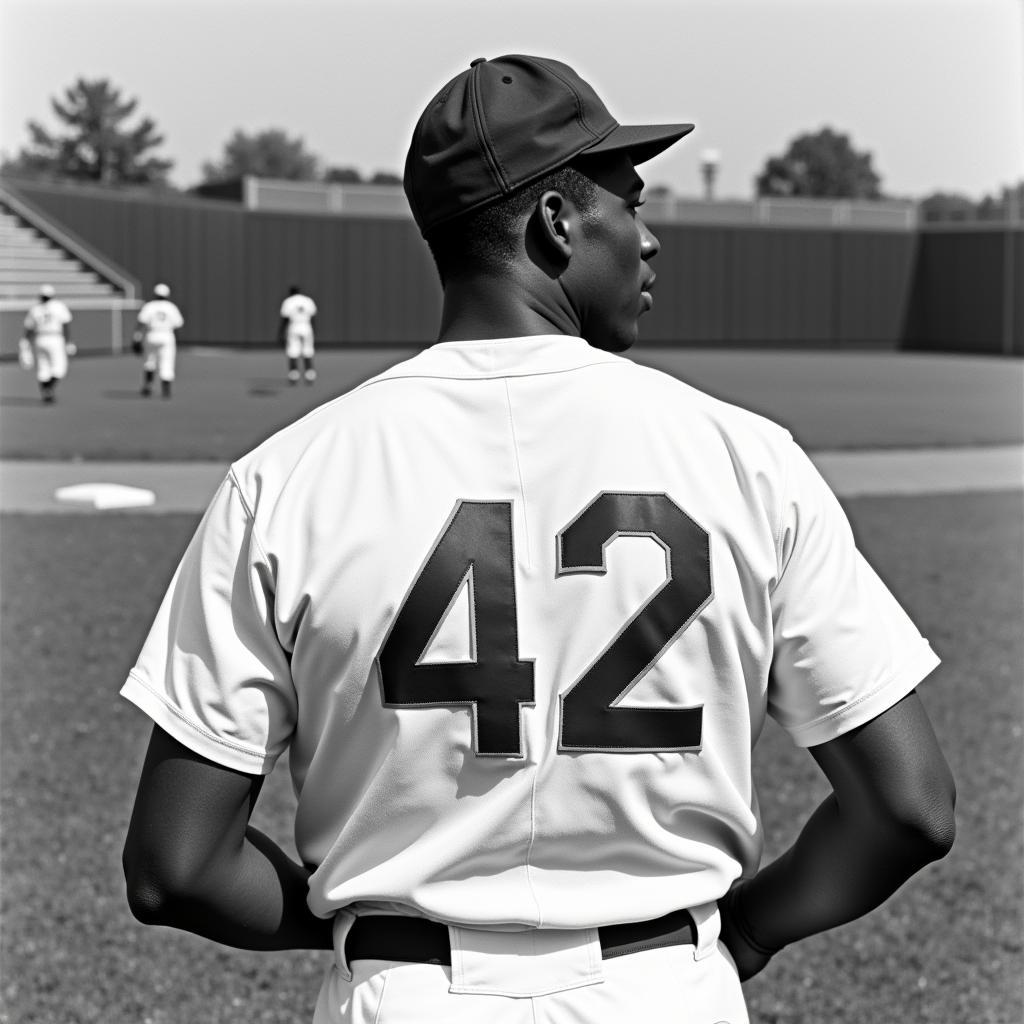 Jackie Robinson in his Brooklyn Dodgers uniform with the number 42