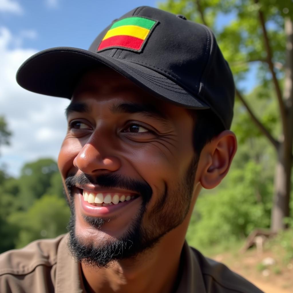 A Jamaican man sporting a baseball cap with Rasta colors