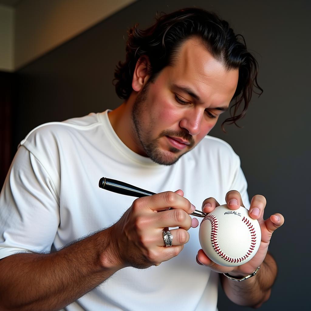 Jason Giambi Signing a Baseball