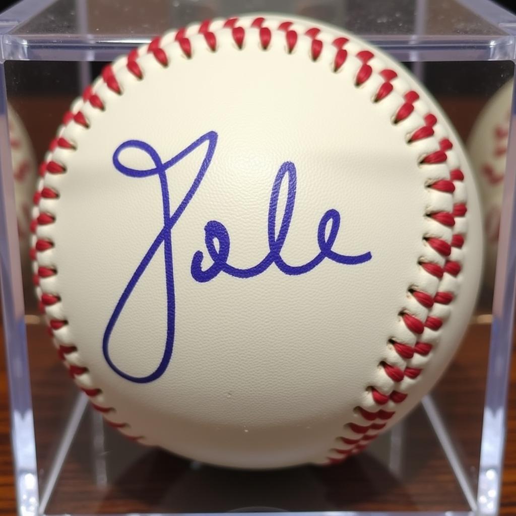 Joc Pederson autographed baseball in a display case.