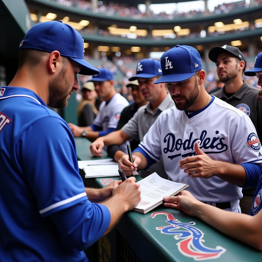 Joc Pederson signing autographs for fans at a baseball game.