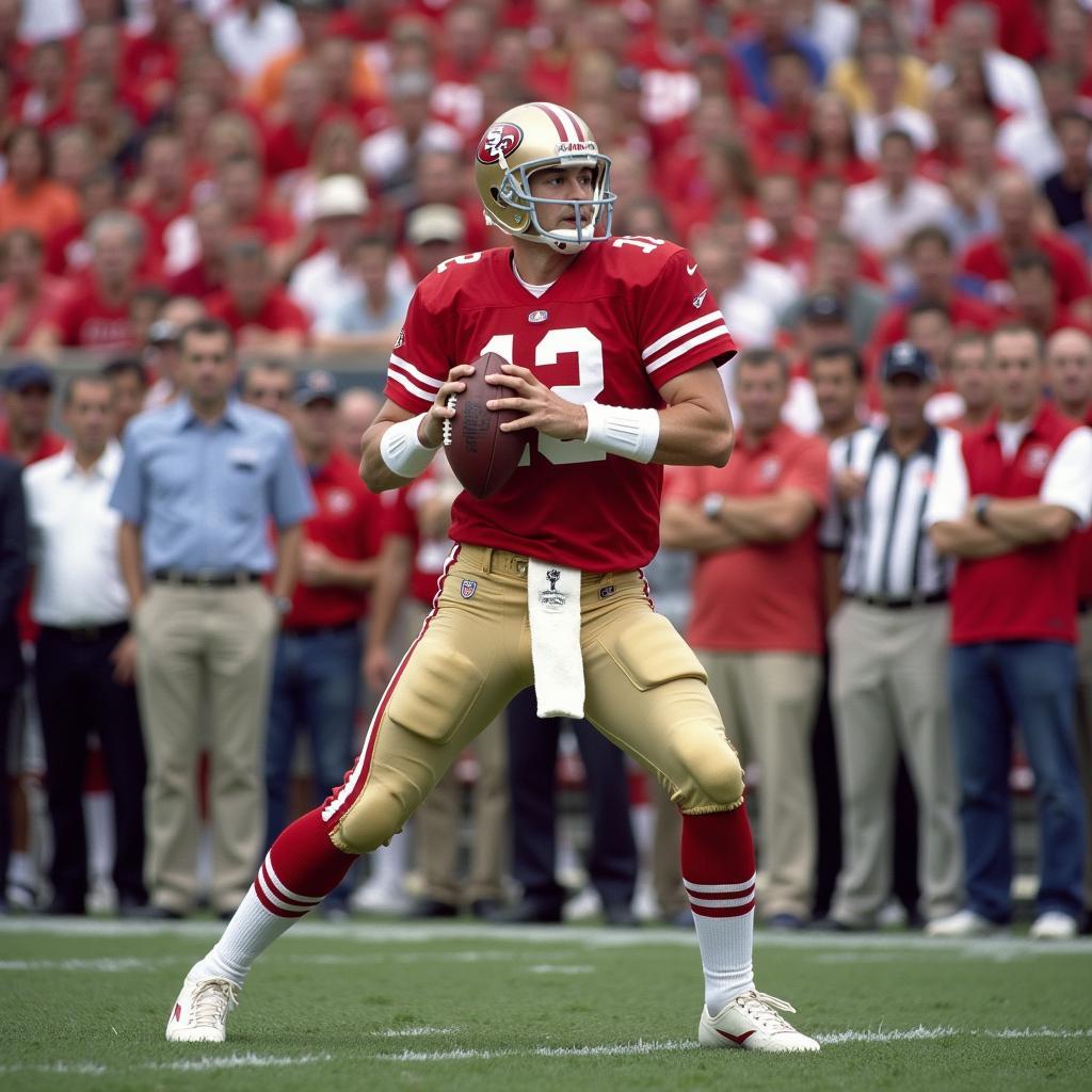 Joe Montana throwing a pass in a 49ers game at Candlestick Park