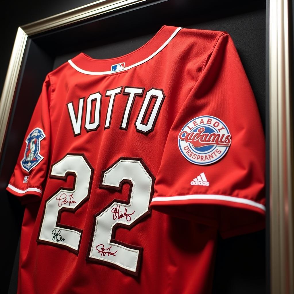 Joey Votto autographed jersey in a display case