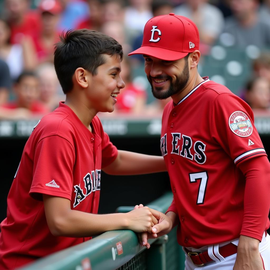 Joey Votto interacting with a young fan