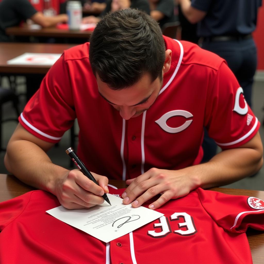 Joey Votto signing a baseball jersey