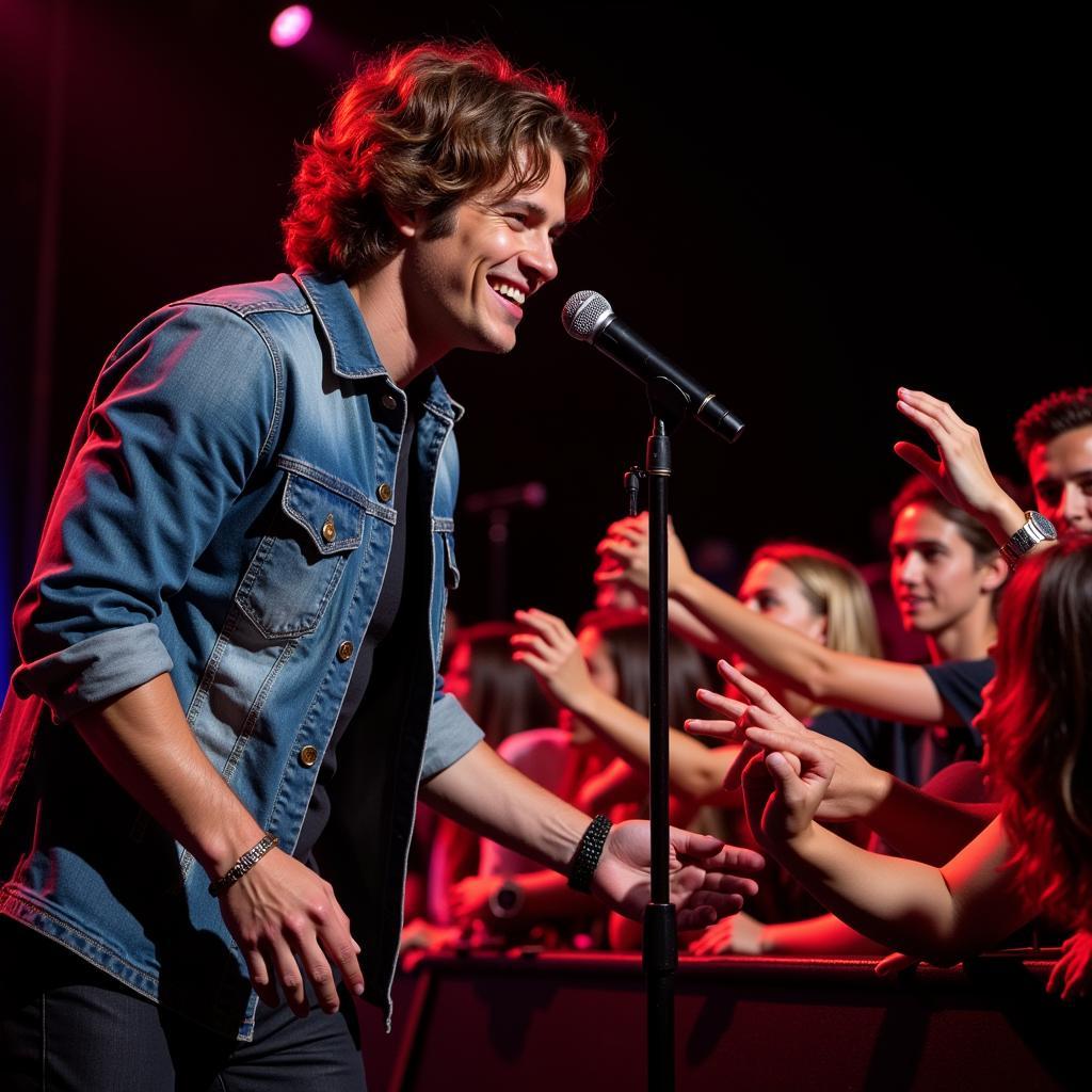 Jon Pardi interacting with fans during a concert