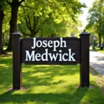 Joseph Medwick Park entrance sign with lush greenery in the background