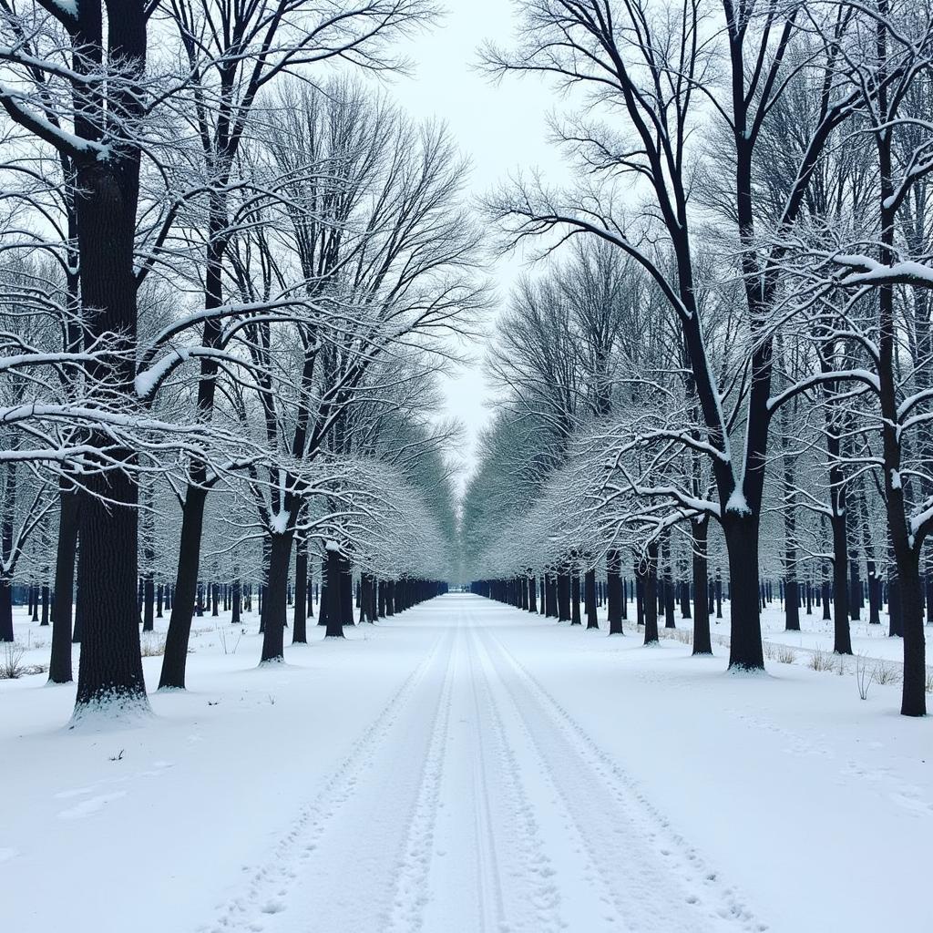 A snow-covered path winds through Joseph Medwick Park, trees frosted with snow lining the way