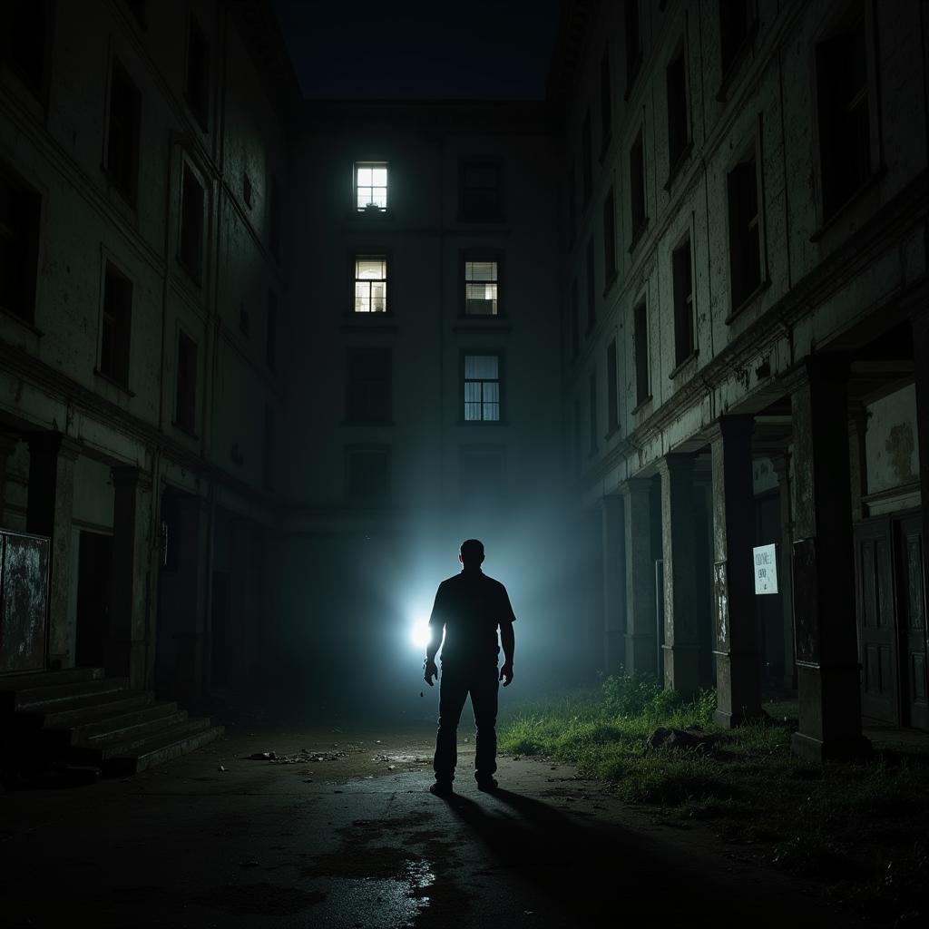 Josh Gates exploring an abandoned building in Davenport, Iowa