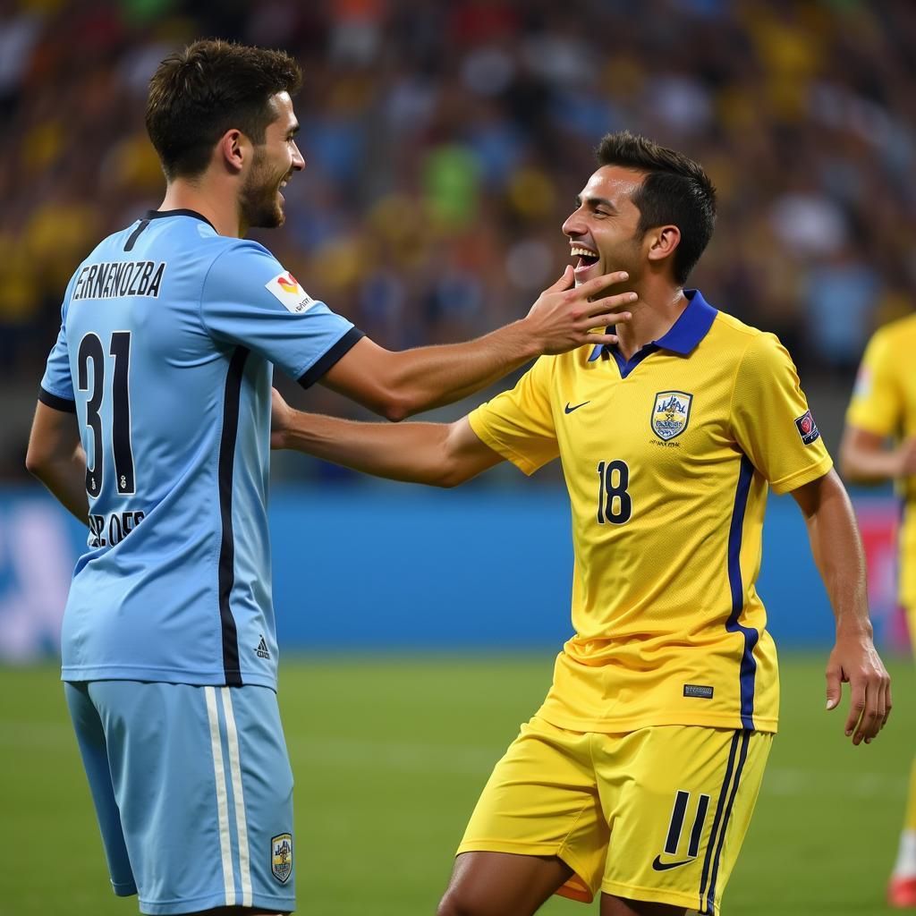 Julian Fernandez sharing a laugh with an opposing player after a tough challenge