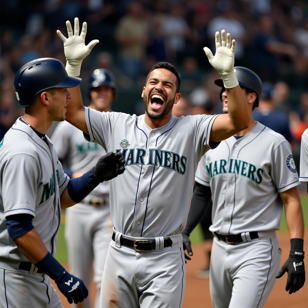 Julio Rodriguez joyfully celebrating a home run with his teammates