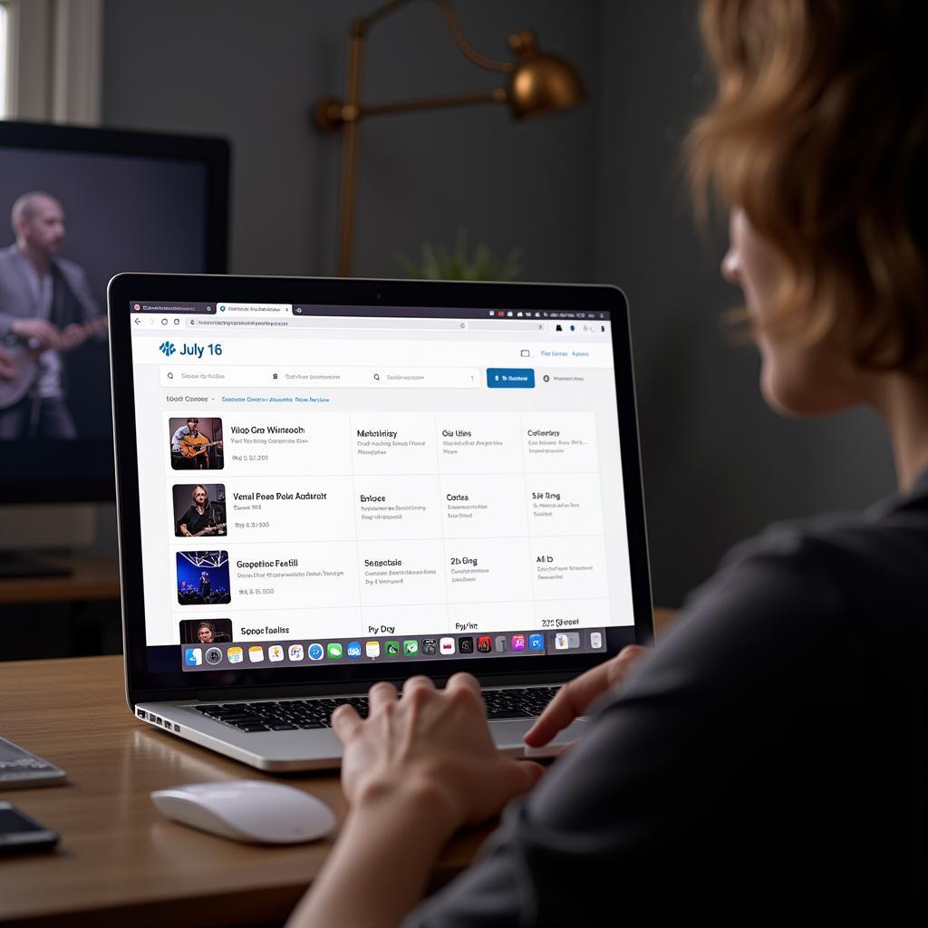 Person searching for July 16 concerts on a laptop
