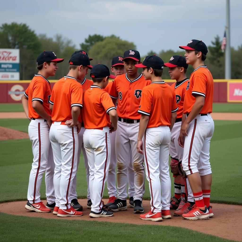 A youth baseball team huddles on the field in Jupiter, Florida